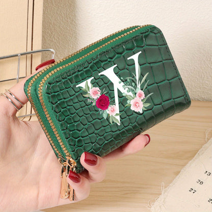 Minimalist Women'S Short Wallet Featuring a Double Zipper Design, with a Crocodile A-Z Letter Pattern. This Stylish Handbag Also Serves As a Fashionable Coin Wallet, Perfect for Travel, Back-To-School, Or Parties.