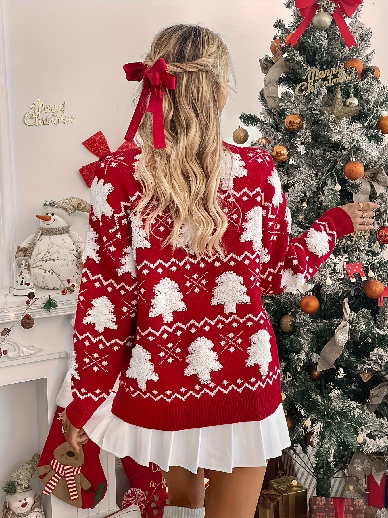 Women'S Elegant Red & Sweater - Long Sleeve Round Neck Pullover with Poinsettia & Snowflake Pattern, Stretchy Fabric, Cozy Fall Winter Holiday Sweater for Christmas, Ladies Sweaters