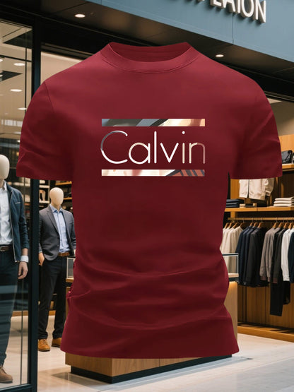 Men'S Bright Pink CALVI Graphic T-Shirt - Soft Breathable 100% Cotton Crewneck Tee, Everyday Casual Shirt for Office, Outings  Gym - Minimalist Modern Top, Comfortable Clothing, Stylish Letter Print, Durable Fabric, Short Sl