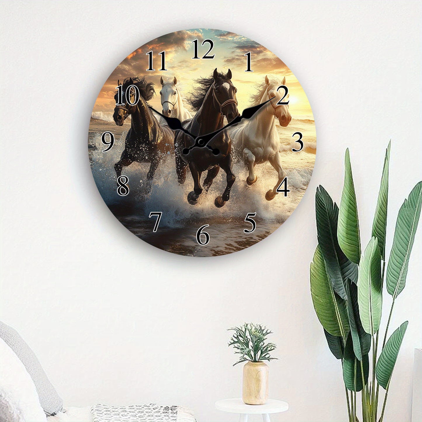 One piece, wooden wall clock with running horses pattern design, modern wall aesthetic decorative art wall clock, silent, suitable for living room, bedroom, kitchen, office decoration, home decoration, ideal Christmas, New Ye