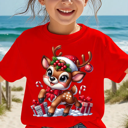 CHICFULL Girls' Red Christmas Deer & Candy Cane Print T-Shirt - Soft Knit Short Sleeve Round Neck Top with Smiling Deer & Holly Bow Design, Machine Washable Winter Party Outfit for Holiday Celebrations, New Year's Eve & Casua