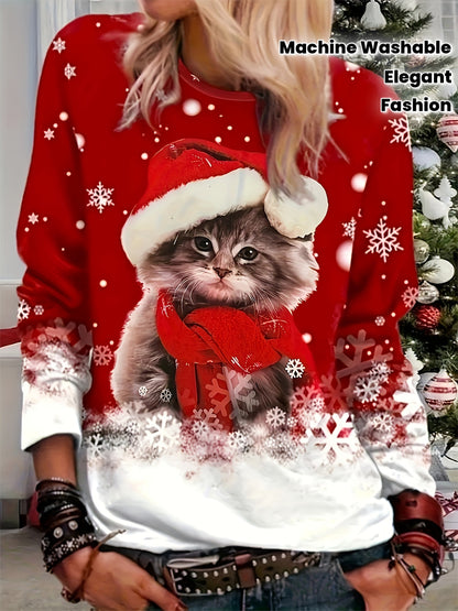 Women's Elegant Christmas Cat & Snowflake Print Long Sleeve T-Shirt Top - Red & White Cozy Sweater-like Design, Round Neck, Medium Stretch, Machine Washable Winter Holiday Party Outfit (No-Sleeve Style) - Autumn/Winter Fashio
