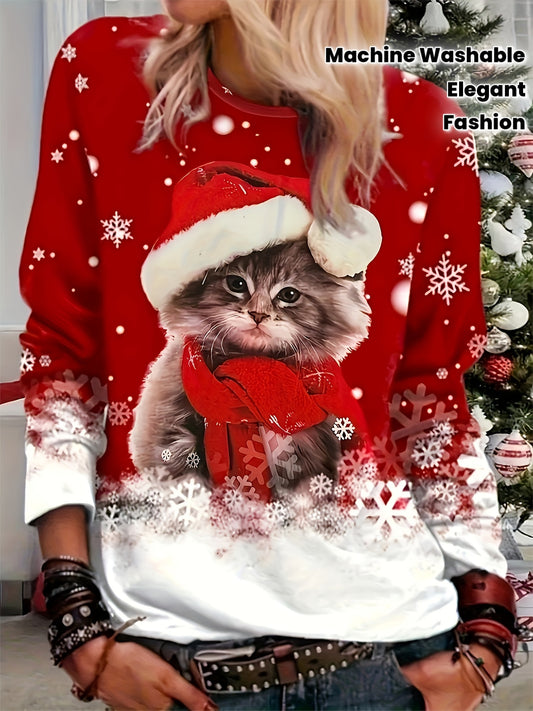 Women's Elegant Christmas Cat & Snowflake Print Long Sleeve T-Shirt Top - Red & White Cozy Sweater-like Design, Round Neck, Medium Stretch, Machine Washable Winter Holiday Party Outfit (No-Sleeve Style) - Autumn/Winter Fashio