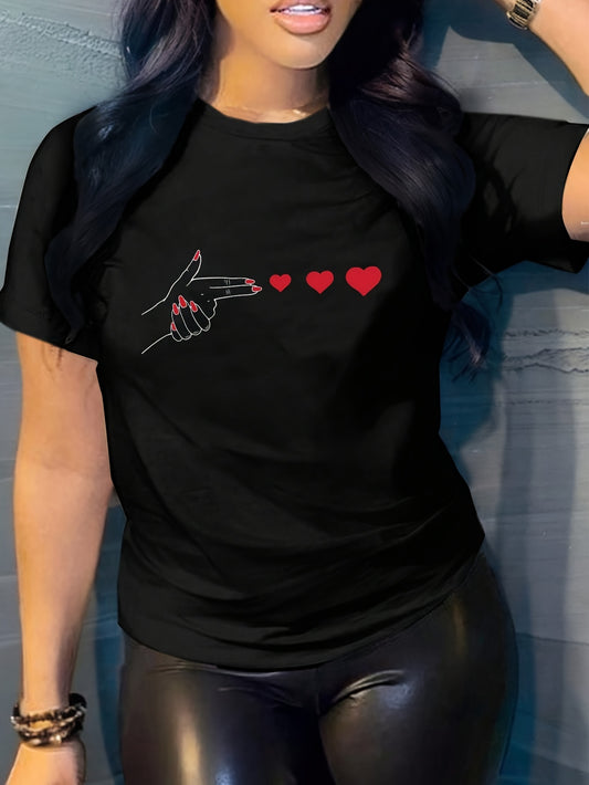 Women's Casual Athletic T-Shirt, Graphic Heart Print, Short Sleeve, Round Neck, Summer & Spring Fashion