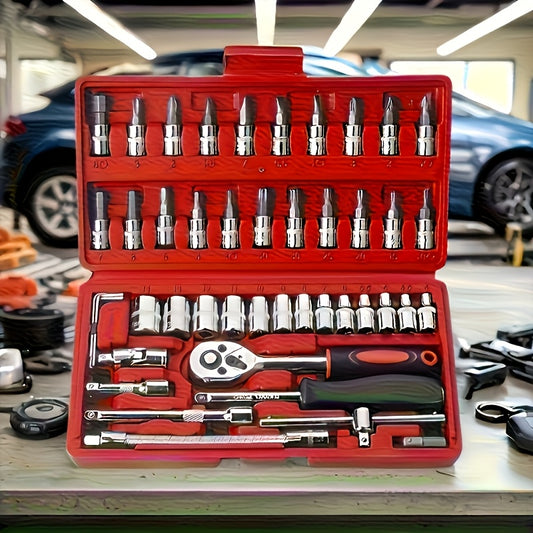 46pcs Heavy-Duty Automotive & Repair Tool Set Suitable for Cars and Bicycles - -in- Tool Kit with Plastic/Metal Tools, Ideal for DIY, Car Maintenance, Repairs - Perfect Father's Day Gift for &