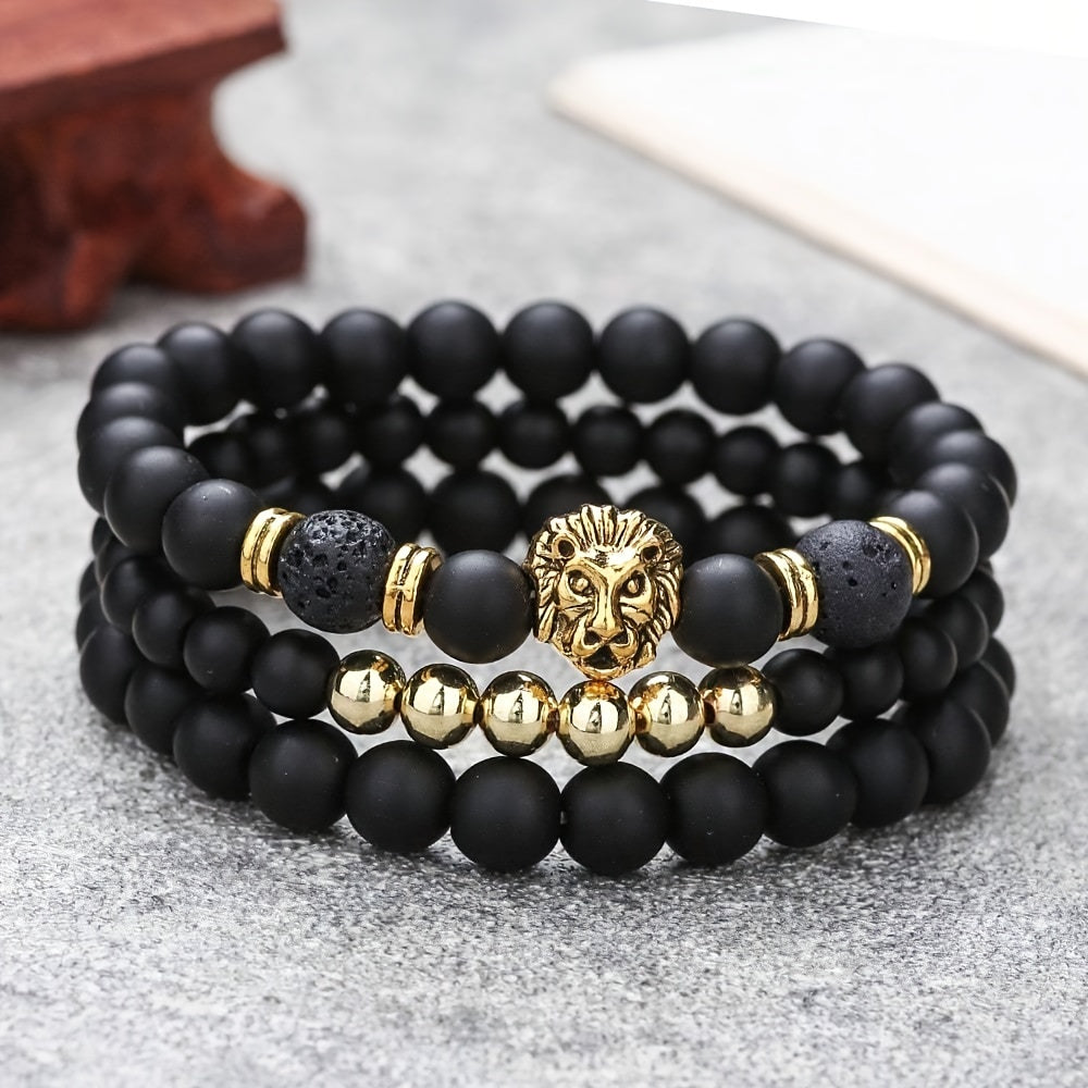 3pcs Retro Punk Style Lion Head Bracelets, Men's Stretchy Beaded Bracelets Set