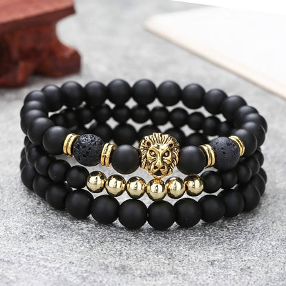 3pcs Retro Punk Style Lion Head Bracelets, Men's Stretchy Beaded Bracelets Set