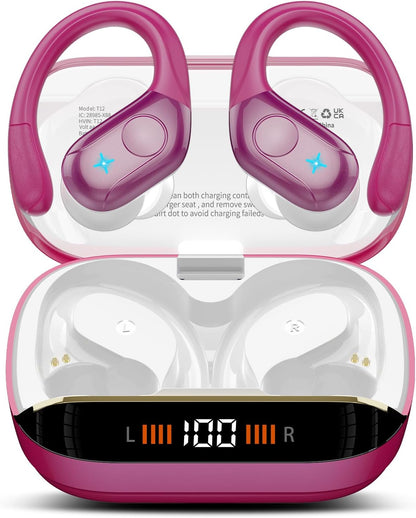 Wireless Earbuds Bluetooth 5.4 Headphones 75H Playtime Stereo Deep Bass Sports Ear Buds with Earhooks, LED Display Bluetooth Earbuds with 4 ENC Mic, IP7 Waterproof Earphone for Workout/Running, Black
