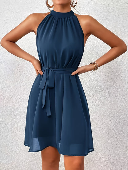 Women’s Solid Color Chiffon Halter Neck Summer Dress with Belt