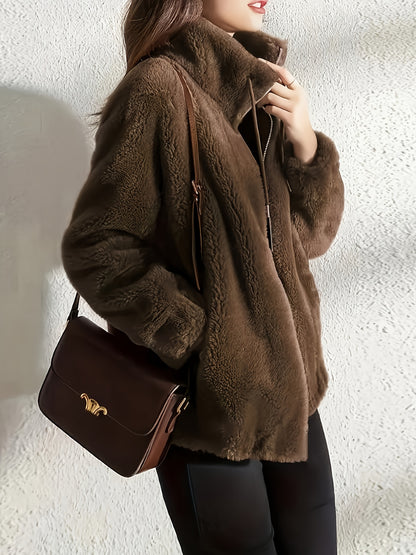 Մեծ չափս - կանացի նոր բրդյա բաճկոն, ձմեռային կարդիգան սվիտեր, հաստ և տաք երկկողմանի մարջանագույն բրդյա կտոր, ազատ և ոճային վերնազգեստ։