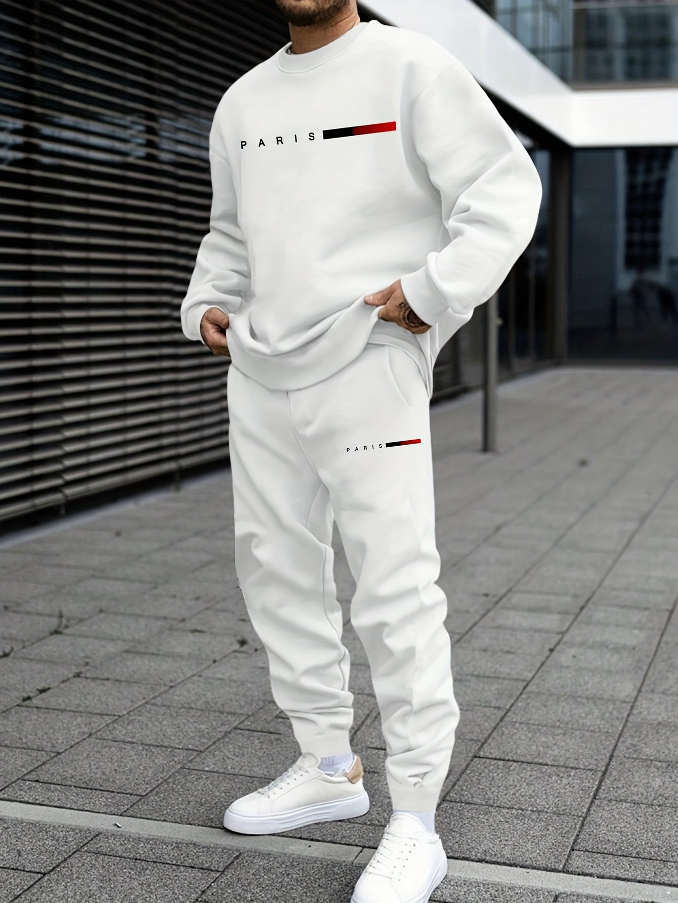 Men's Casual Sports Sweatshirt Set, Loose Fit Pullover Hoodie with Print, Polyester Blend, Round Neck, Stretch Knit, Autumn/Winter Collection