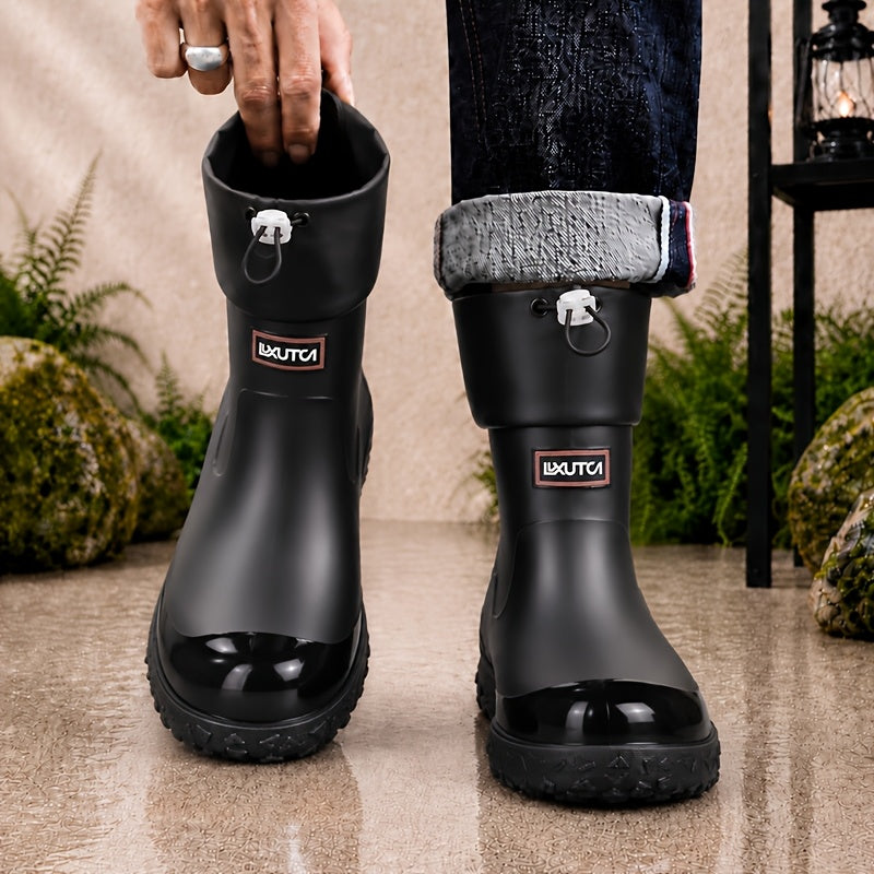 Men's Short PVC Rain Boots with Adjustable Drawstring & Tread Sole