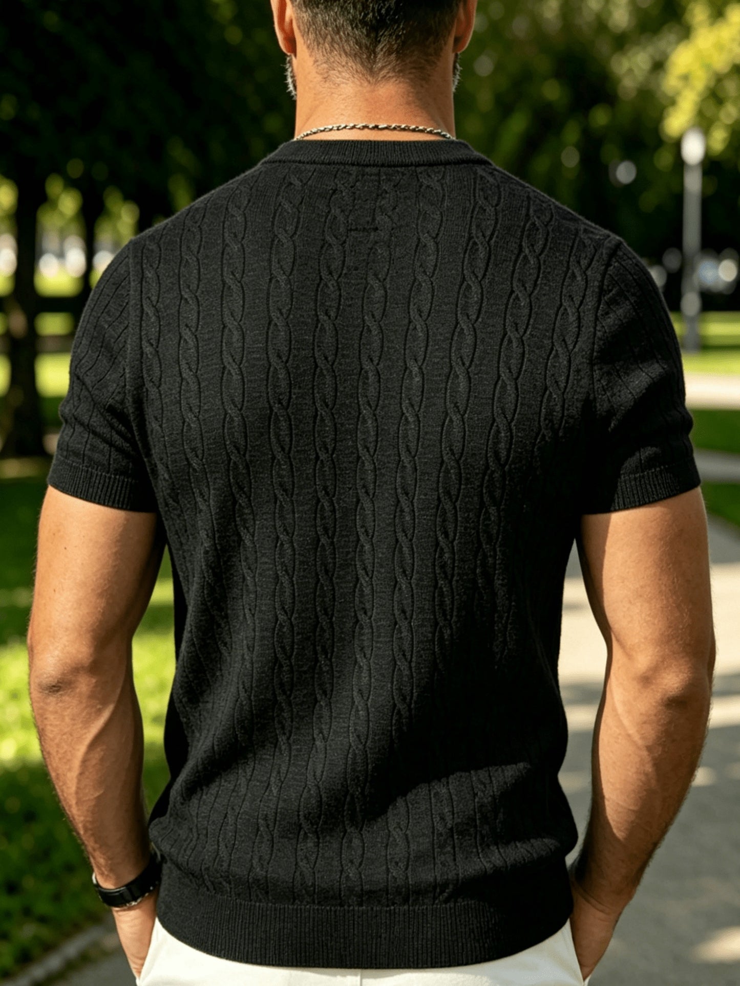 Men's Summer Short Sleeve Knit Sweater Shirt - Vintage Cable Crew Neck