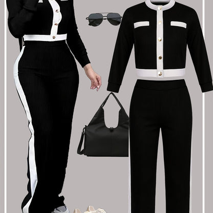 Autumn And Winter Women'S Outfit - Stylish Color-Blocked Fitted Long-Sleeve Top with a Round Neck And Versatile High-Waisted Comfortable Straight-Leg Pants