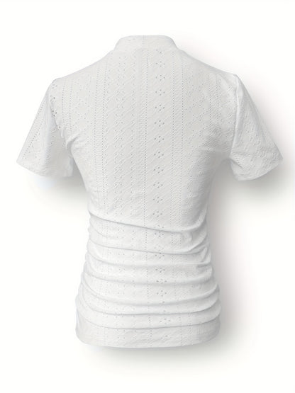 Solid Color Eyelet Mock Neck T-shirt, Elegant Ruched Short Sleeve Slim Fit Top, Women's Clothing