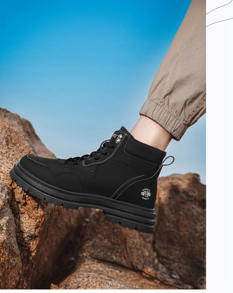 Men's Trendy Solid Ankle Boots, Comfy Non Slip Lace Up Durable Shoes for Men's Outdoor Activities