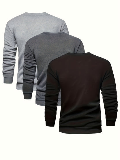 3pcs Men's Solid Color Knit Pullover For Autumn And Winter - Versatile Warm Crew Neck Long Sleeve, As Gift