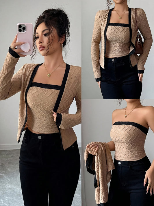 Women's Elegant Khaki Black Contrast Slim Fit Vest Set
