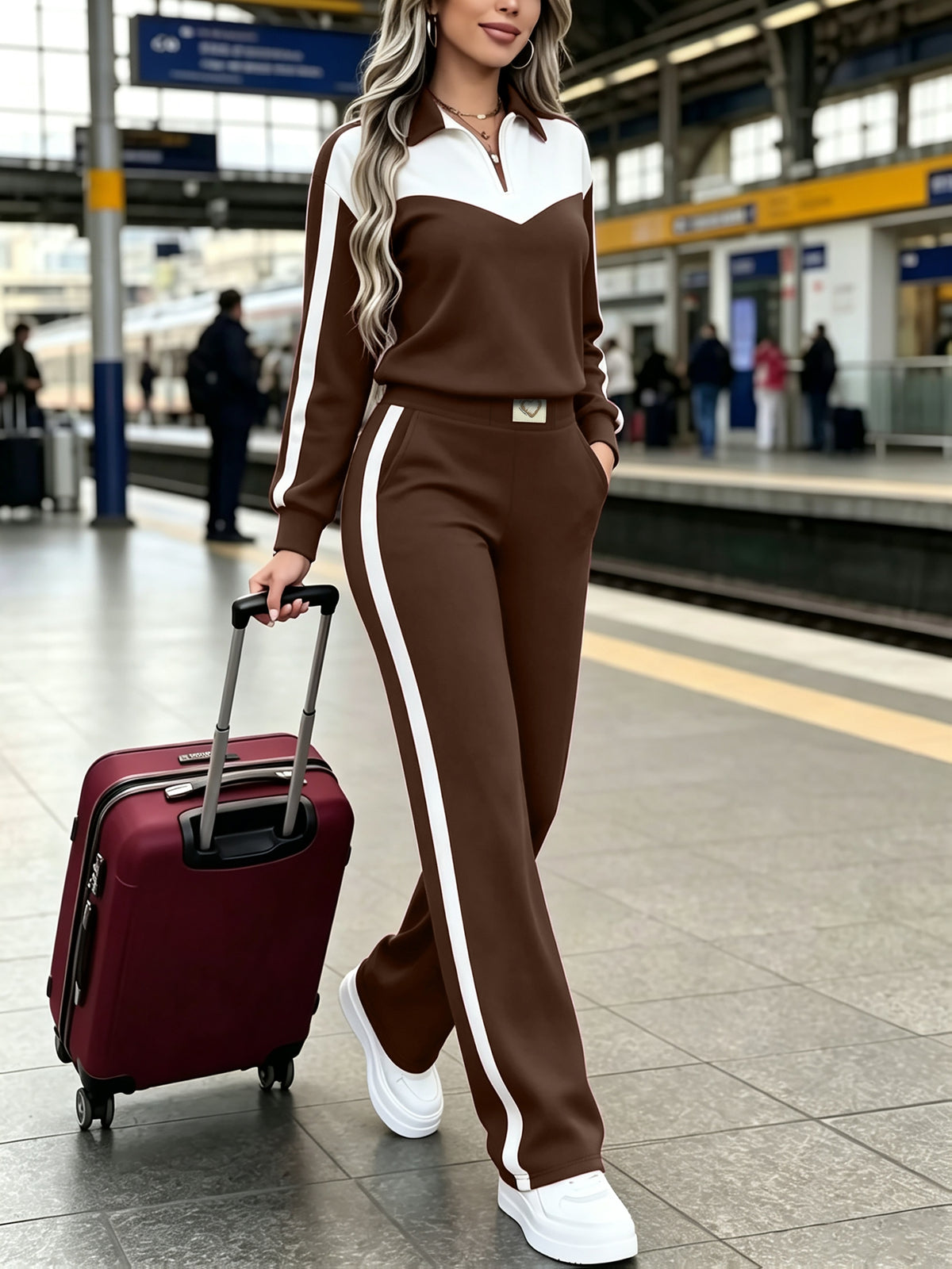 Women's Casual Two-Piece Set with White-Trim Lapel Collar and Wide-Leg