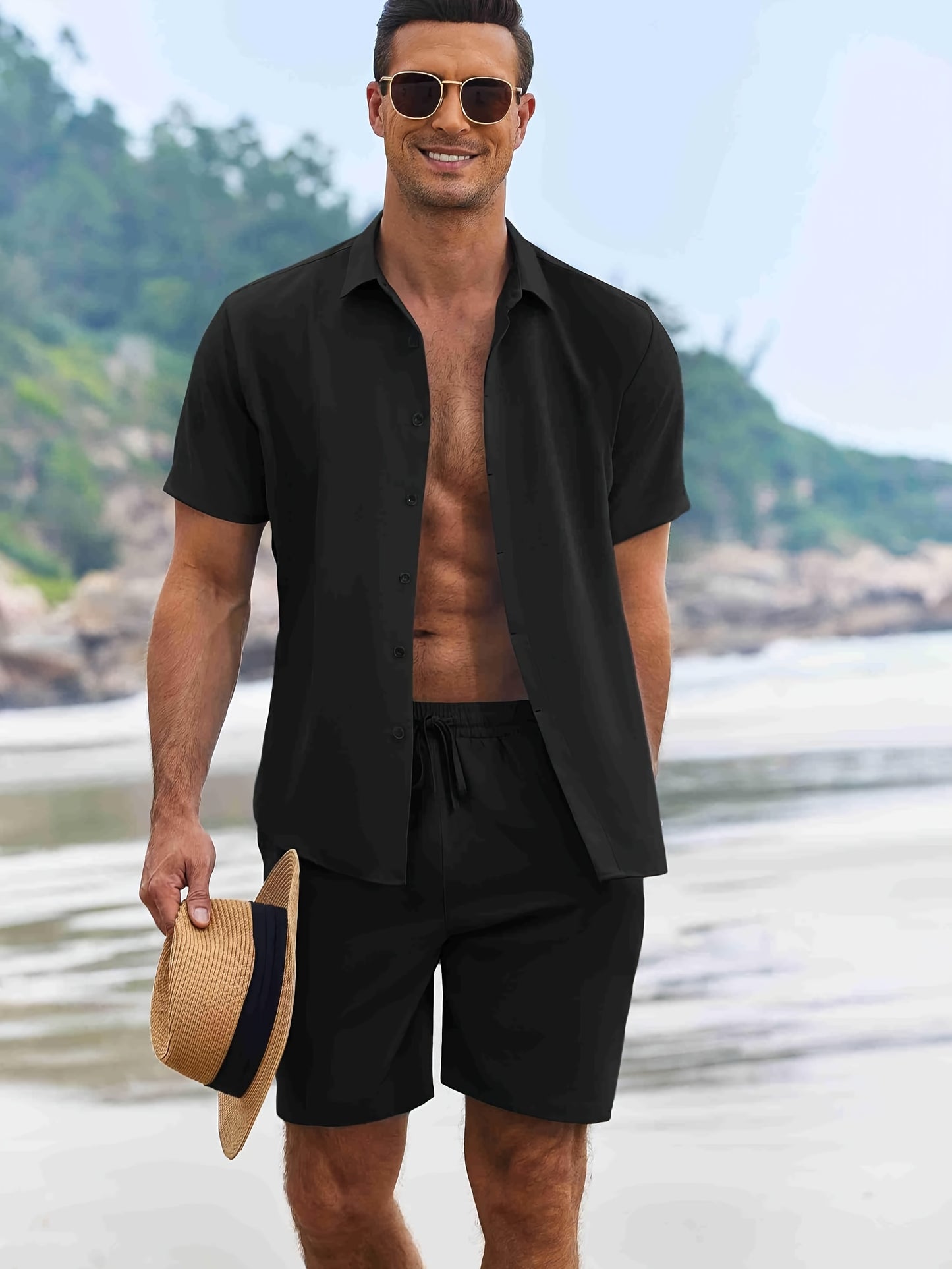 Men'S 2pcs Summer Beach Set, Cotton Linen Blend, Casual Short Sleeve Button- Shirt and Shorts, Solid Color, Lapel Collar, Non-Stretch Fabric, Regular Fit, Woven, 160g/m² - Loungewear Outfit