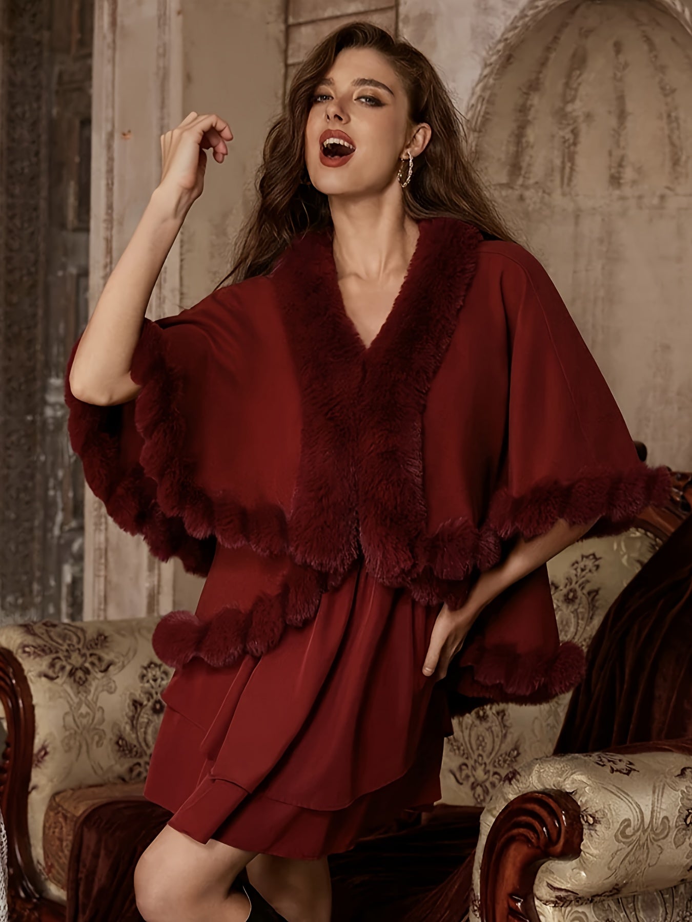 Մեծ չափս - Մեծ չափս - Մեծ չափս - Մեծ չափս, կանացի էլեգանտ կարմիր արհեստական ​​մորթուց վերարկու - ձմեռային տաքություն, ոչ ձգվող, պաշտոնական և ամենօրյա վերնազգեստ՝ կոնտրաստային օձիքով, հարմար է մեծ չափսերի համար