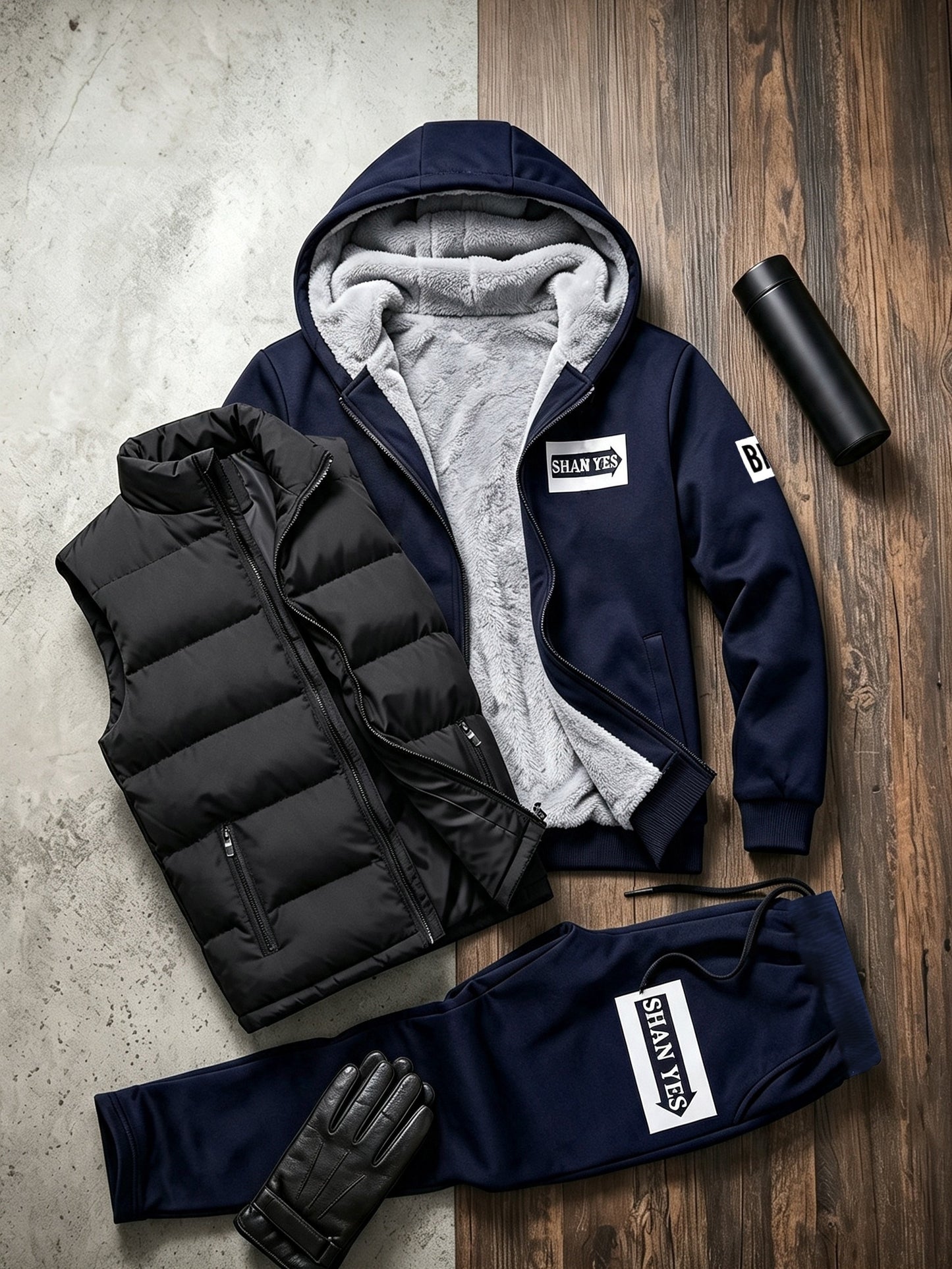 Men's 3-Piece Winter Thermal Tracksuit Set with Fleece Lining