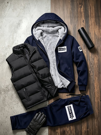 Men's 3-Piece Winter Thermal Tracksuit Set with Fleece Lining