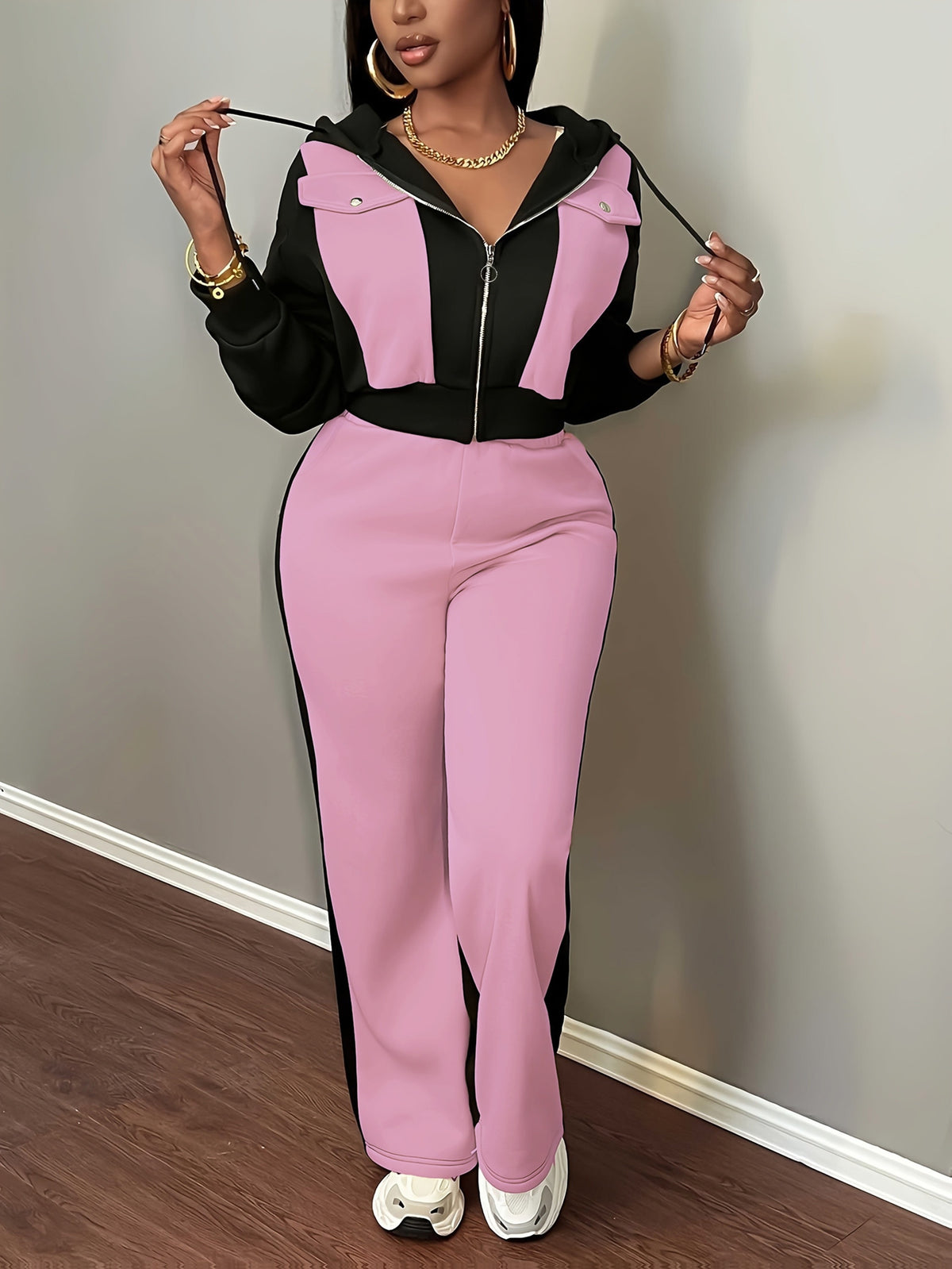 Women’s Color Block Hooded Sweatshirt and Pants Set for Fall-Winter - ayq