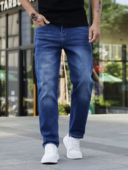 Men's Classic Slim Fit Jeans - Stretch Denim, Versatile for All Seasons, Solid Color