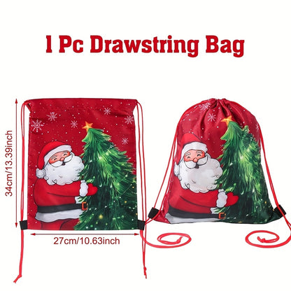 1pc Santa Claus Christmas Tree Drawstring Bag - Red & Green Holiday Gift Packaging with Santa, Snowflakes & Pine Trees, Durable Polyester Gym Bag for Christmas, New Year, Festive Design, Seasonal Decorations, Festive Occasion