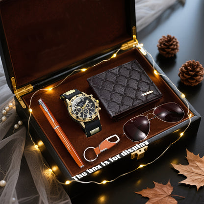 6pcs Men's Fashionable Quartz Watch Set with Wallet, Glasses, Pen, Ambient Light & Steel Ballpoint – Perfect for Daily Wear, Parties, Valentine's Day, Easter, Christmas, Halloween,  Gifts to Friends and Family