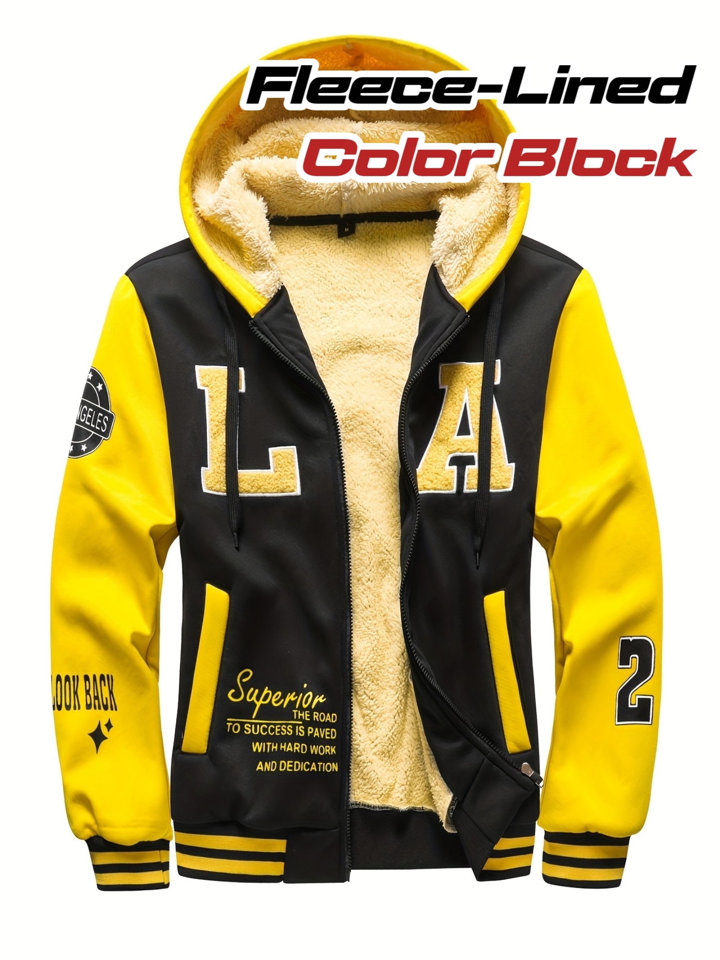 Men'S Cozy Fleece-Lined Hooded Jacket with "LA" Lettering - & Yellow Color Block, Zip-Up Casual Outerwear, Long Sleeves, Pockets, Perfect for Fall & Winter, Casual Winter Wear | Hooded Jacket | Zippered Jacket