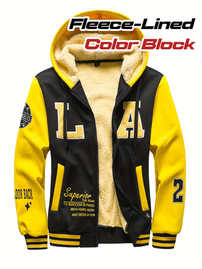 Men'S Cozy Fleece-Lined Hooded Jacket with "LA" Lettering - & Yellow Color Block, Zip-Up Casual Outerwear, Long Sleeves, Pockets, Perfect for Fall & Winter, Casual Winter Wear | Hooded Jacket | Zippered Jacket