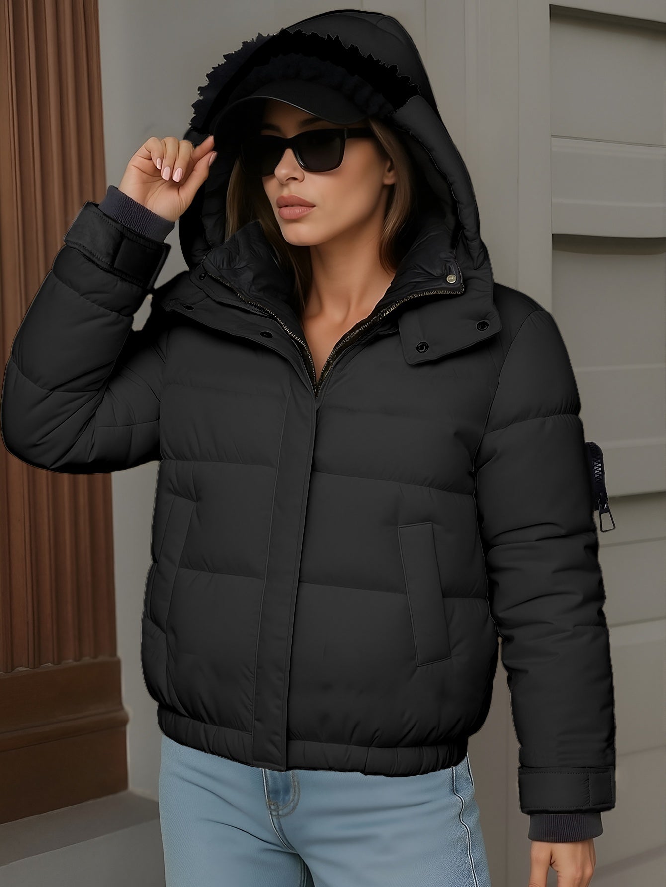 Կանացի ձմեռային կարճ գլխարկով բաճկոն՝ մանանեխի, դեղին և սև գույների հակադրությամբ, փքված վերարկու գրպաններով, գոտի և ամուր կայծակաճարմանդ, առօրյա, էլեգանտ վերնազգեստ ցուրտ եղանակի համար (ձեռքով լվացում/քիմմաքրում), հաստ ձմեռային բաճկոն կանանց համար, Win