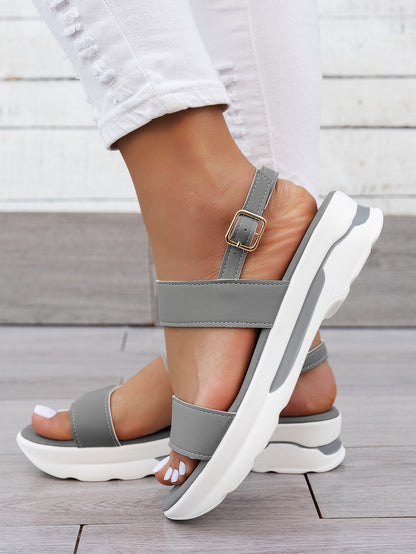 Mhysa Women's Comfortable Open-Toe Platform Sandals with Thick Sole & Golden Buckle Strap - Summer Casual White PU Cover Ankle Strap Sandals for Casual Attire, Ladies Sandals
