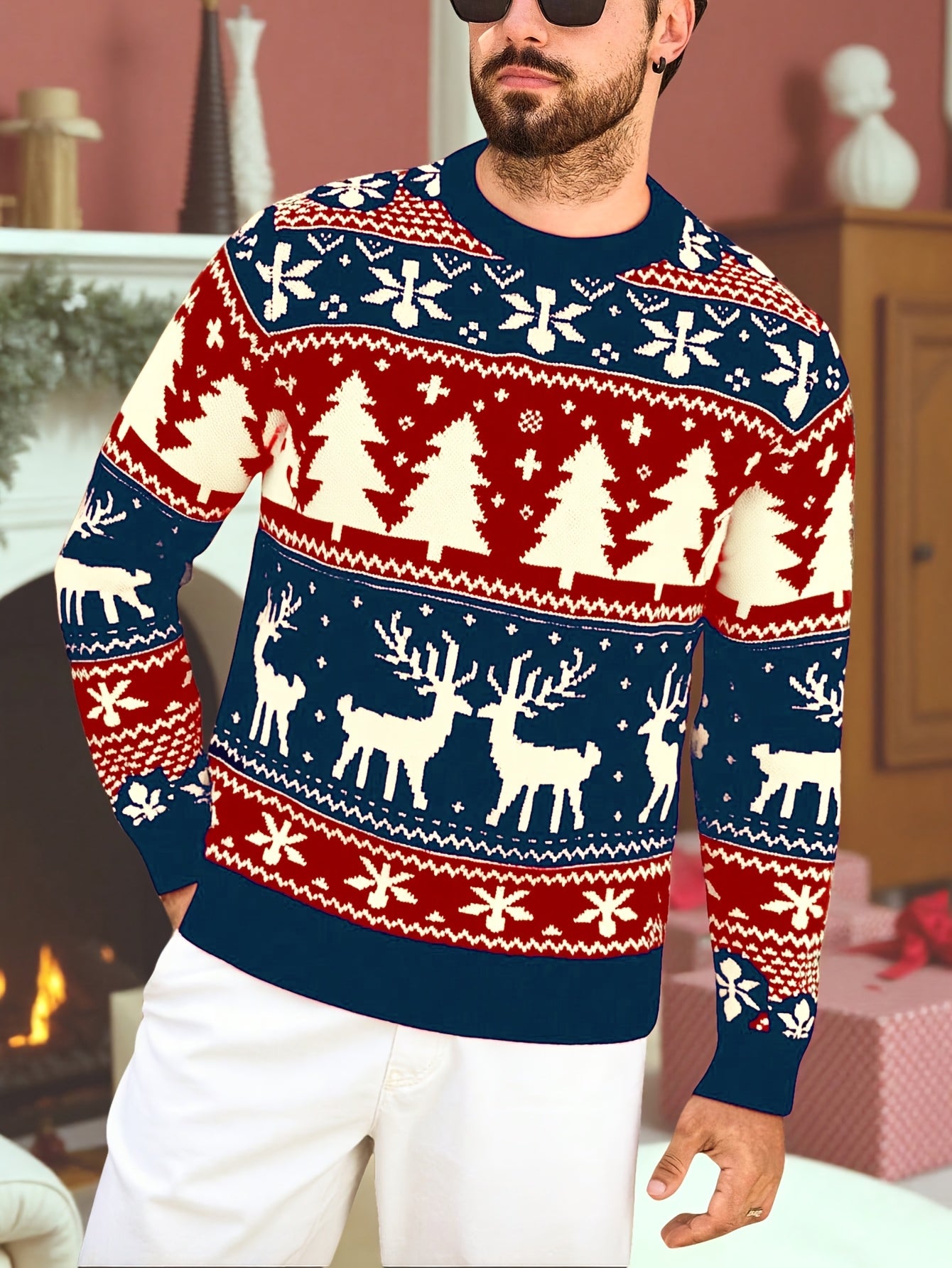 Christmas Theme Knitted Sweater | Warm and Comfortable, Ideal for Self-Wear or Gifting, Crew Neck, Long Sleeve, Acrylic Material, Fall/Winter Season