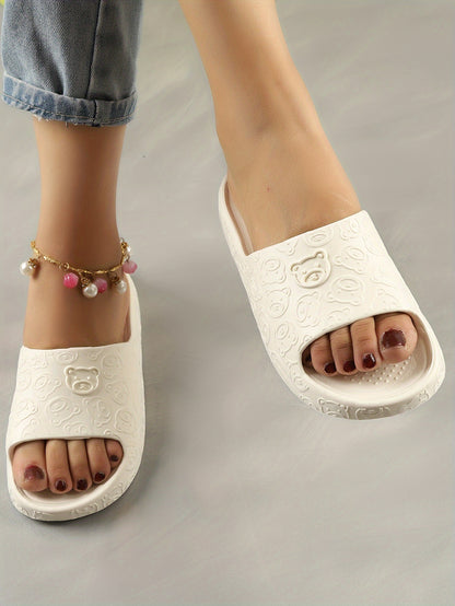 Women's Cute Bear Pattern Slides, Casual Open Toe Soft Sole Shoes, Lightweight Slip On Beach Slides