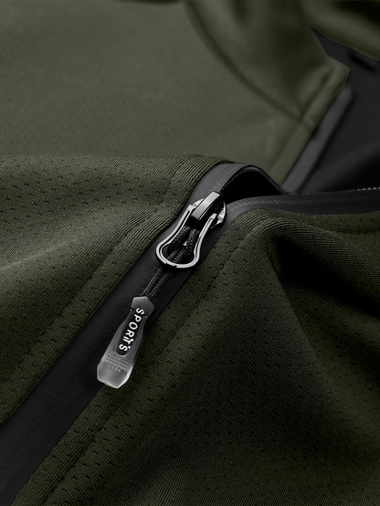 Men'S Slim Fit Quick-Dry Zip-Up Jacket - Lightweight Comfort Fabric, Stand Collar, Long Sleeves for Running & Outdoor Activities, Olive Green, Fall/Winter Casual Sportswear, Sportswear | Sleek Design | Durable Sportswear