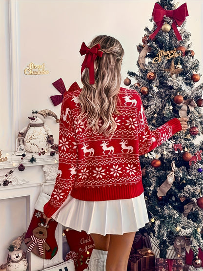 Կանացի Սուրբ Ծննդյան սվիտեր - կարմիր և տոնական վերնաշապիկ, V-ձև օձիքով երկար թևքերով բլուզ՝ Սուրբ Ծննդյան, Նոր տարվա և գրասենյակի համար