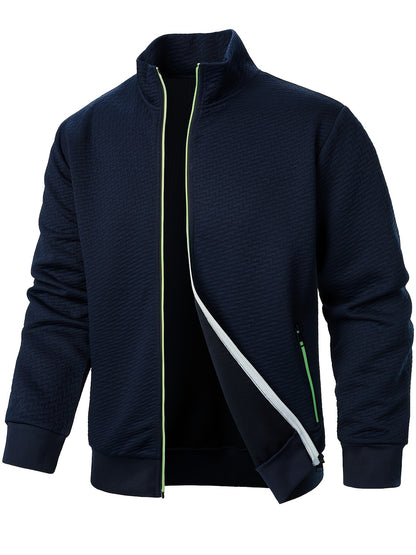 Men's Casual Zip Up Jacquard Jacket, Chic Stand Collar Coat for Spring Fall, Autumn And Winter, Hoodie Top