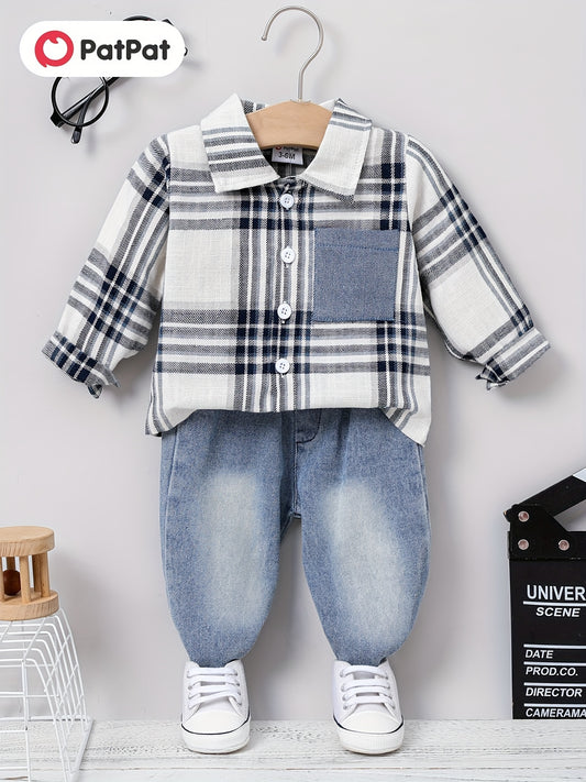 PatPat 2 հատ Baby Boy Casual Patch Գրպանի վանդակավոր երկարաթև շղթայով օձիքով վերնաշապիկ և ջինսե/Ջինսե տաբատ Գարնան և Աշուն/Աշնան համար