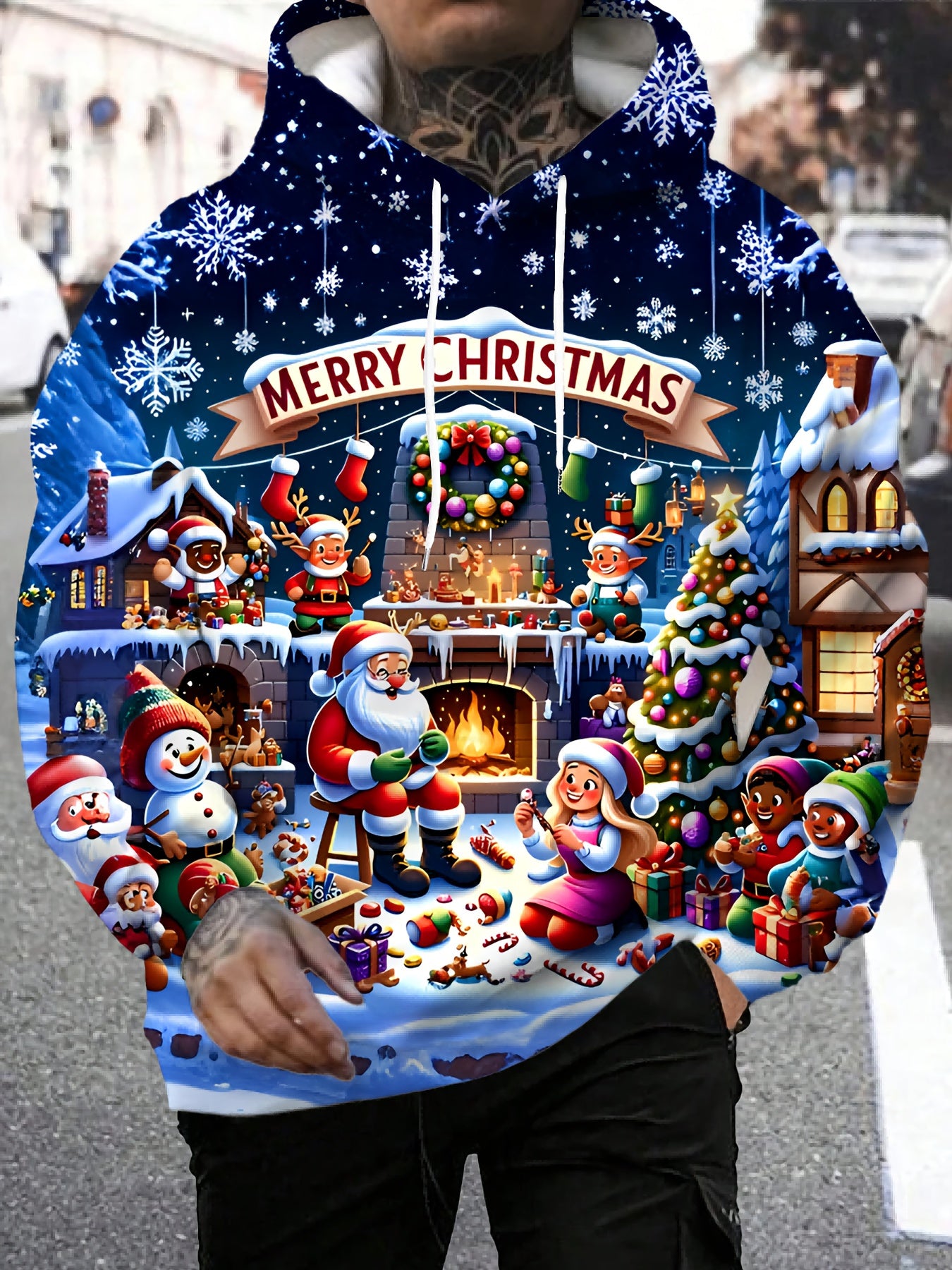 Men's 3D Christmas Print  Sweatshirt - Santa Snowman Reindeer Winter Scene Hoodie with Drawstring Pocket, Fabric Gym & Streetwear, All-Season Casual Wear (Black) - Festive Gift for Xmas & Black Friday (Machine Washable), PLUS