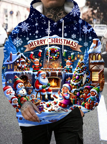 Men's 3D Christmas Print  Sweatshirt - Santa Snowman Reindeer Winter Scene Hoodie with Drawstring Pocket, Fabric Gym & Streetwear, All-Season Casual Wear (Black) - Festive Gift for Xmas & Black Friday (Machine Washable), PLUS