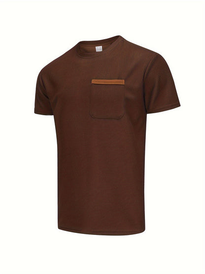 Men's Solid T-shirt With Chest Pocket, Casual Short Sleeve Crew Neck Tee, Men's Clothing For Summer Outdoor