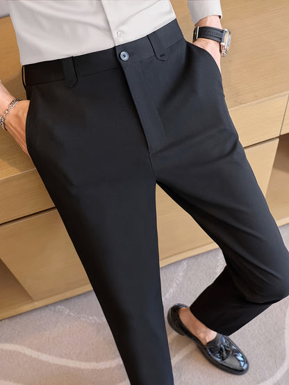 Men'S Regular Fit Black Dress Pants with Slant Pockets - Polyester, Zipper Fly, Mid Waist, Perfect for Formal or Casual Occasions