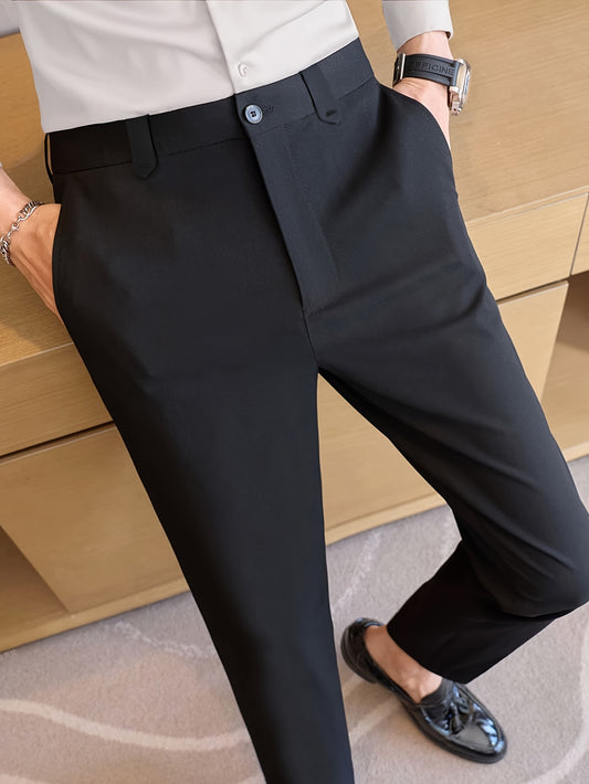 Men'S Regular Fit Black Dress Pants with Slant Pockets - Polyester, Zipper Fly, Mid Waist, Perfect for Formal or Casual Occasions