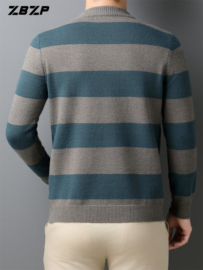 ZBZP Men'S Casual Striped Knit Sweater - Dark Gray & White Horizontal Stripes, Round Neck Long Sleeve, Regular Fit, Autumn Winter Warm Pullover for Casual Attire, Knit Sweater, Comfortable Fashion, Soft Texture, Cold Weather