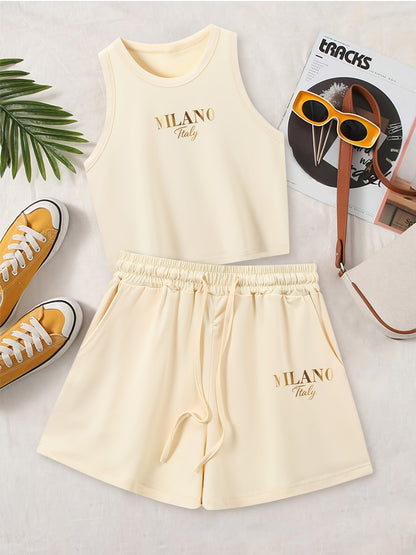 Casual Women’s Two-Piece Suit with Graphic Print Vest & Shorts