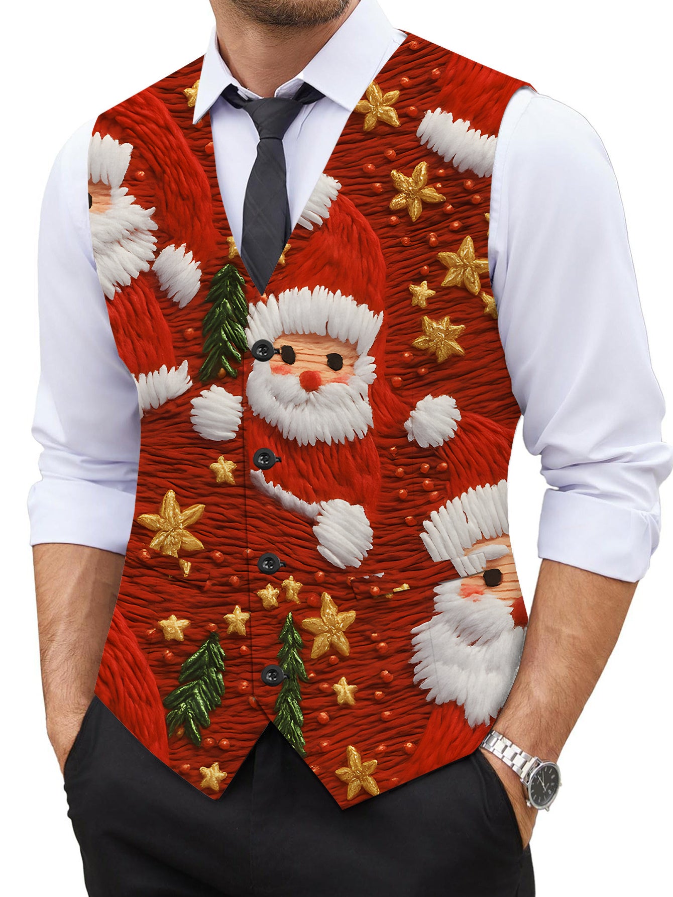 Men's Full-Body Print Santa Claus Vest with Collar & - Red/Green/White/Golden Christmas Jacket, Golden Star Buttons, All-Season Party & Casual Coat for Holiday Events, Costumes, and Casual Attire, PLUS SIZE
