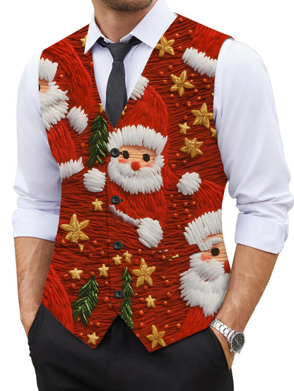 Men's Full-Body Print Santa Claus Vest with Collar & - Red/Green/White/Golden Christmas Jacket, Golden Star Buttons, All-Season Party & Casual Coat for Holiday Events, Costumes, and Casual Attire, PLUS SIZE